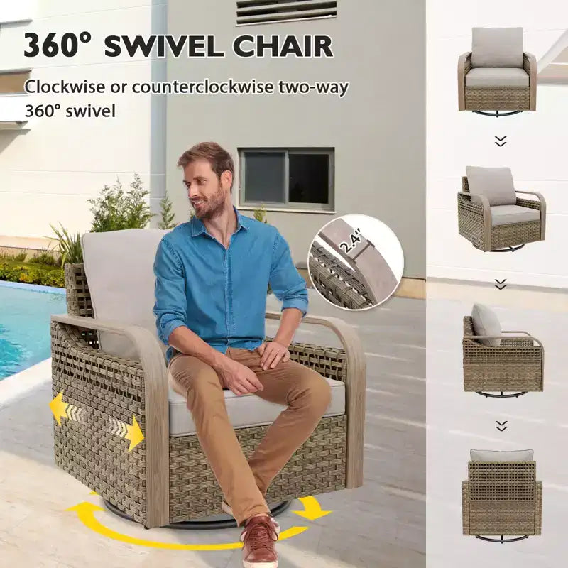 EAGLE PEAK Salon de conversation extérieur en osier, 2 fauteuils pivotants à bascule, canapé 3 places, 2 poufs et table basse, 6 pièces