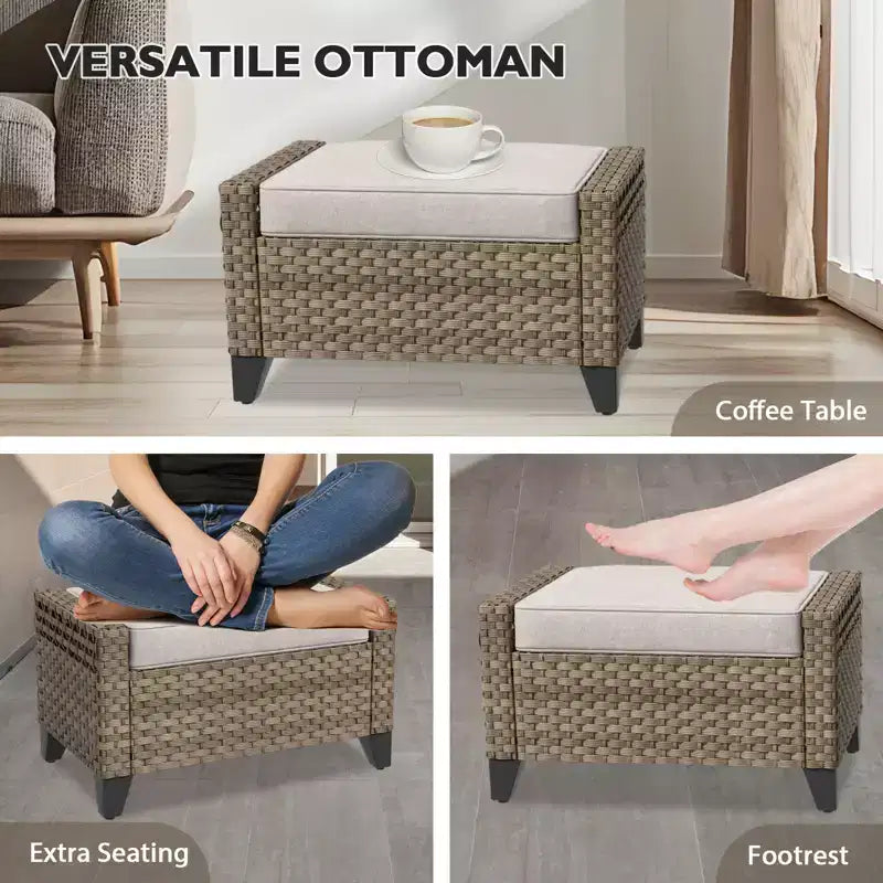 EAGLE PEAK Salon de conversation extérieur en osier, 2 fauteuils pivotants à bascule, canapé 3 places, 2 poufs et table basse, 6 pièces