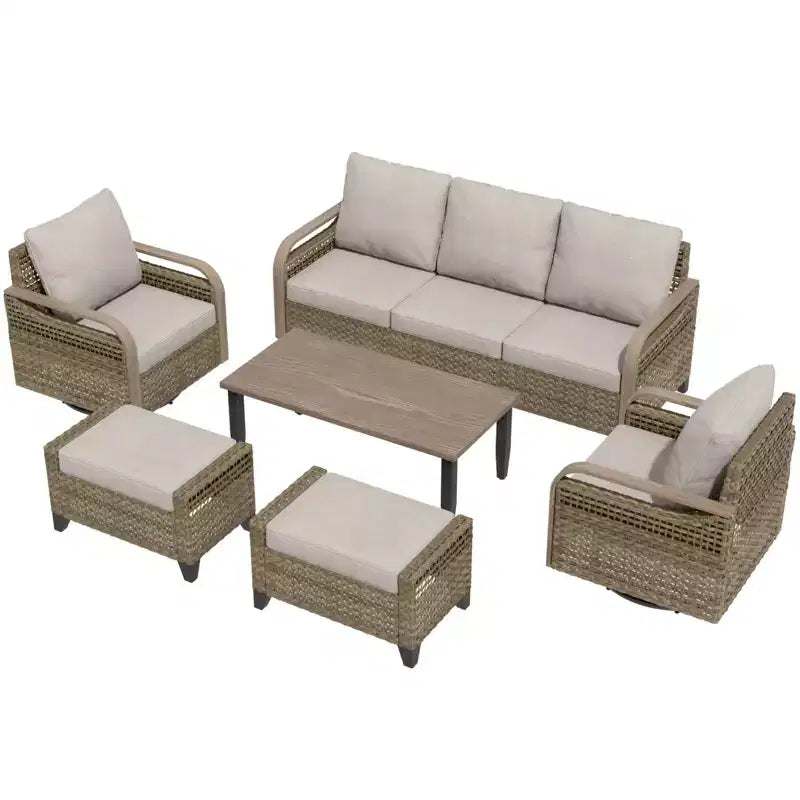 EAGLE PEAK Salon de conversation extérieur en osier, 2 fauteuils pivotants à bascule, canapé 3 places, 2 poufs et table basse, 6 pièces