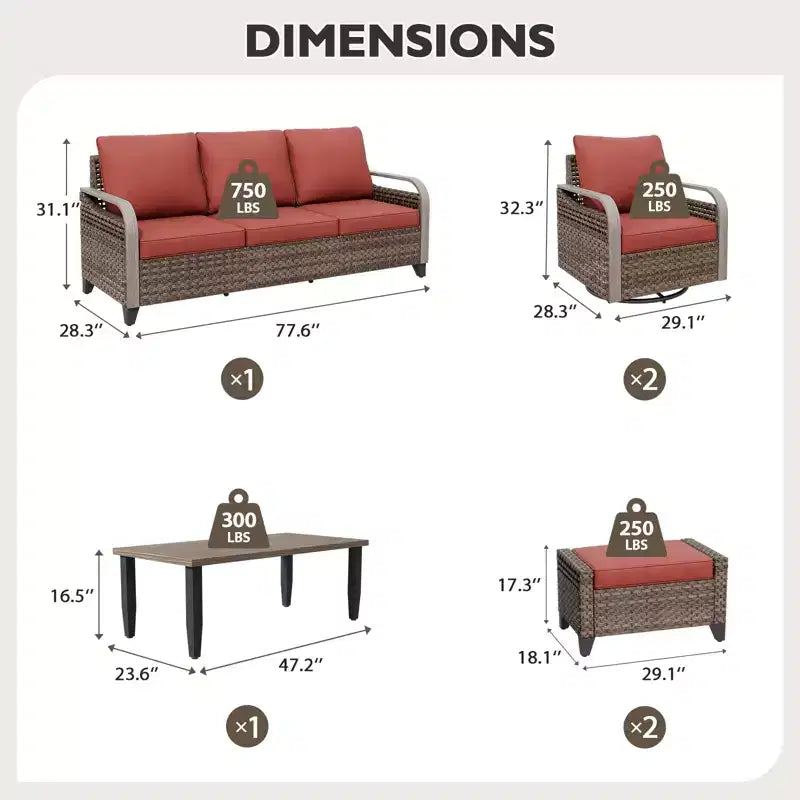 EAGLE PEAK Salon de conversation extérieur en osier, 2 fauteuils pivotants à bascule, canapé 3 places, 2 poufs et table basse, 6 pièces