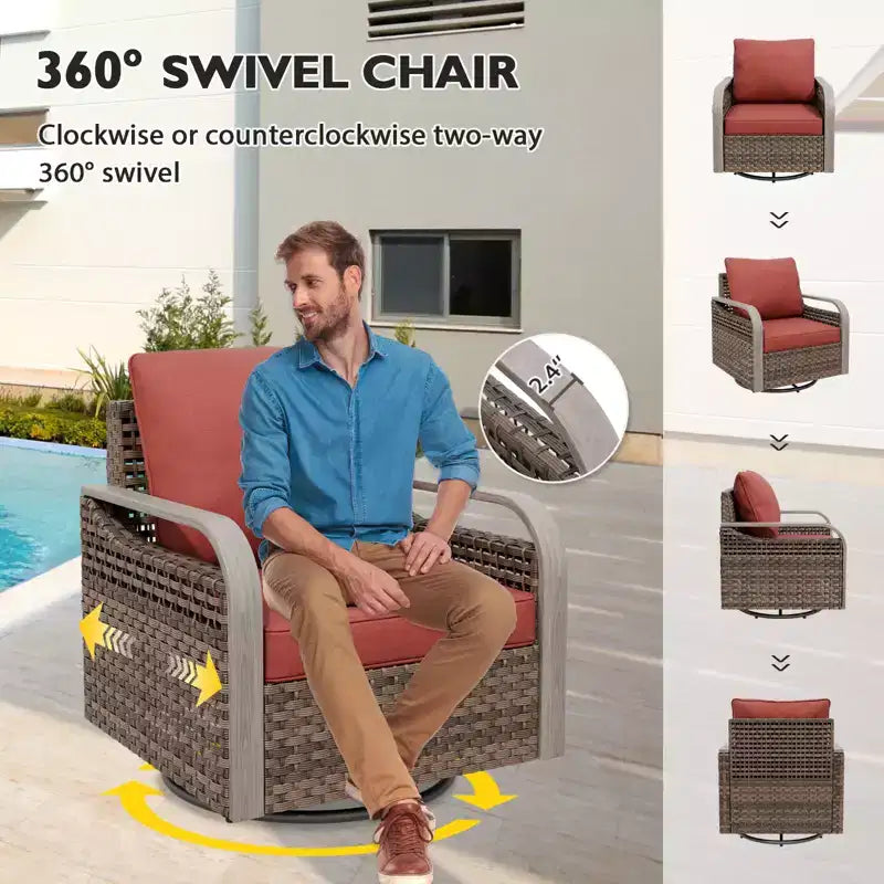EAGLE PEAK Salon de conversation extérieur en osier, 2 fauteuils pivotants à bascule, canapé 3 places, 2 poufs et table basse, 6 pièces