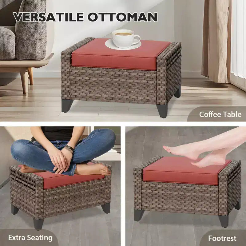 EAGLE PEAK Salon de conversation extérieur en osier, 2 fauteuils pivotants à bascule, canapé 3 places, 2 poufs et table basse, 6 pièces