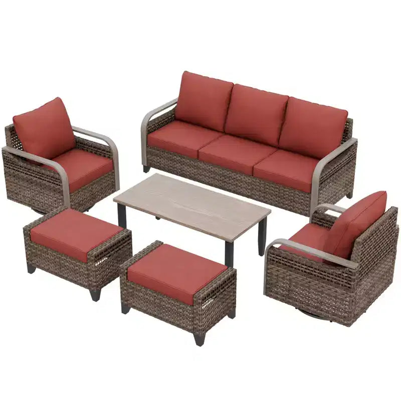 EAGLE PEAK Salon de conversation extérieur en osier, 2 fauteuils pivotants à bascule, canapé 3 places, 2 poufs et table basse, 6 pièces