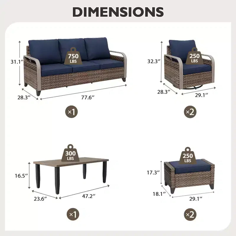 EAGLE PEAK Salon de conversation extérieur en osier, 2 fauteuils pivotants à bascule, canapé 3 places, 2 poufs et table basse, 6 pièces