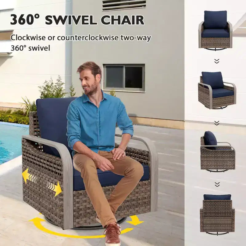 EAGLE PEAK Salon de conversation extérieur en osier, 2 fauteuils pivotants à bascule, canapé 3 places, 2 poufs et table basse, 6 pièces