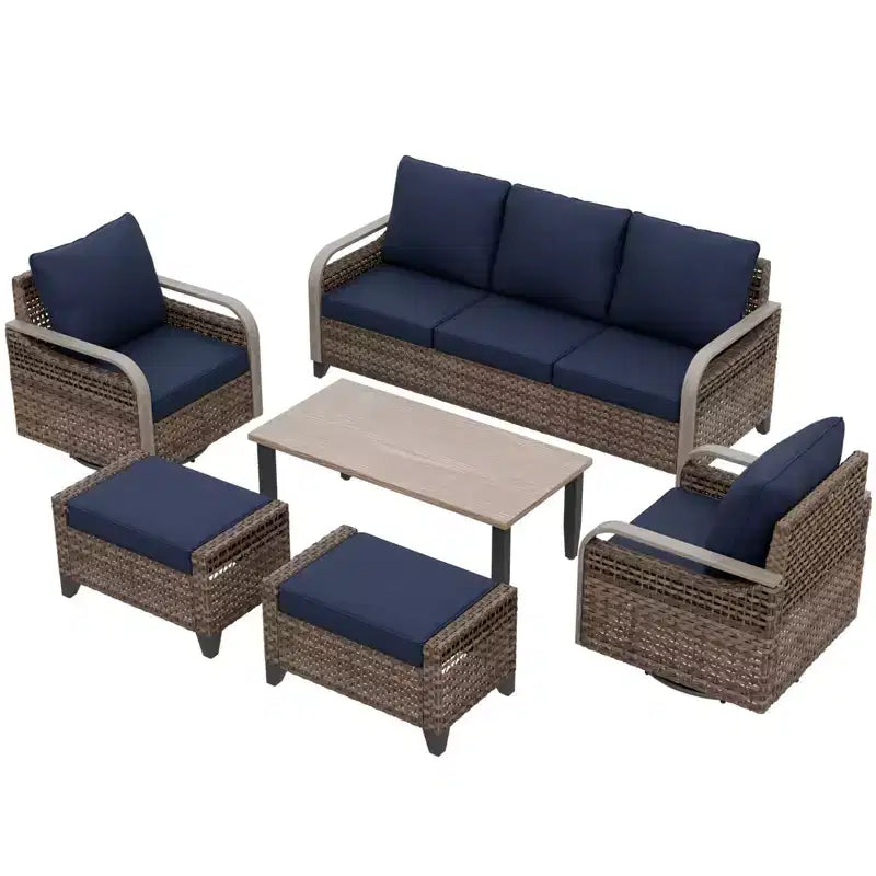 EAGLE PEAK Salon de conversation extérieur en osier, 2 fauteuils pivotants à bascule, canapé 3 places, 2 poufs et table basse, 6 pièces