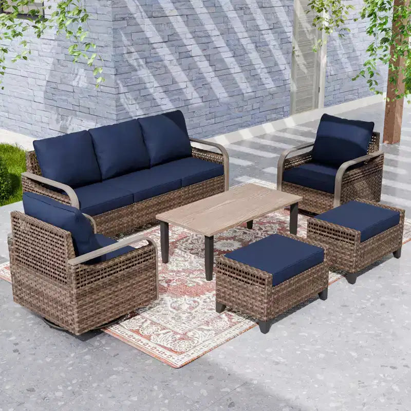 EAGLE PEAK Salon de conversation extérieur en osier, 2 fauteuils pivotants à bascule, canapé 3 places, 2 poufs et table basse, 6 pièces