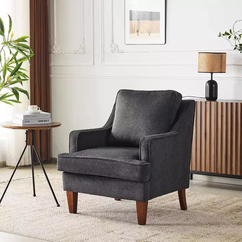 VINGLI Mid-Century Modern Accent Chair, Black Upholstered Armchair Comfy Sofa Chair Reading Chair