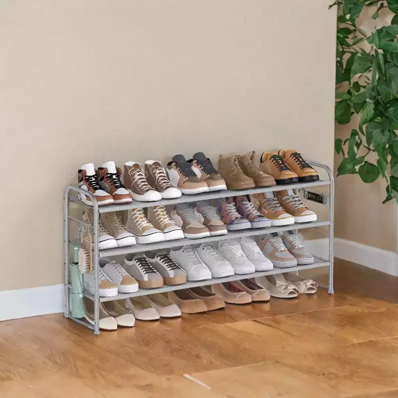 Meuble à chaussures, organisateur de chaussures à 3 niveaux, étagère à chaussures en tissu avec 4 crochets, peut contenir jusqu'à 18 paires de chaussures, étagère à chaussures réglable en hauteur pour entrée