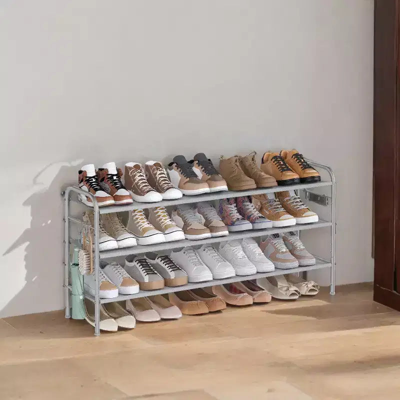 Meuble à chaussures, organisateur de chaussures à 3 niveaux, étagère à chaussures en tissu avec 4 crochets, peut contenir jusqu'à 18 paires de chaussures, étagère à chaussures réglable en hauteur pour entrée
