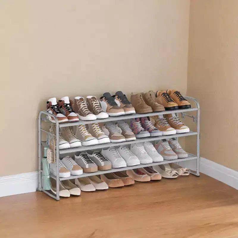Meuble à chaussures, organisateur de chaussures à 3 niveaux, étagère à chaussures en tissu avec 4 crochets, peut contenir jusqu'à 18 paires de chaussures, étagère à chaussures réglable en hauteur pour entrée