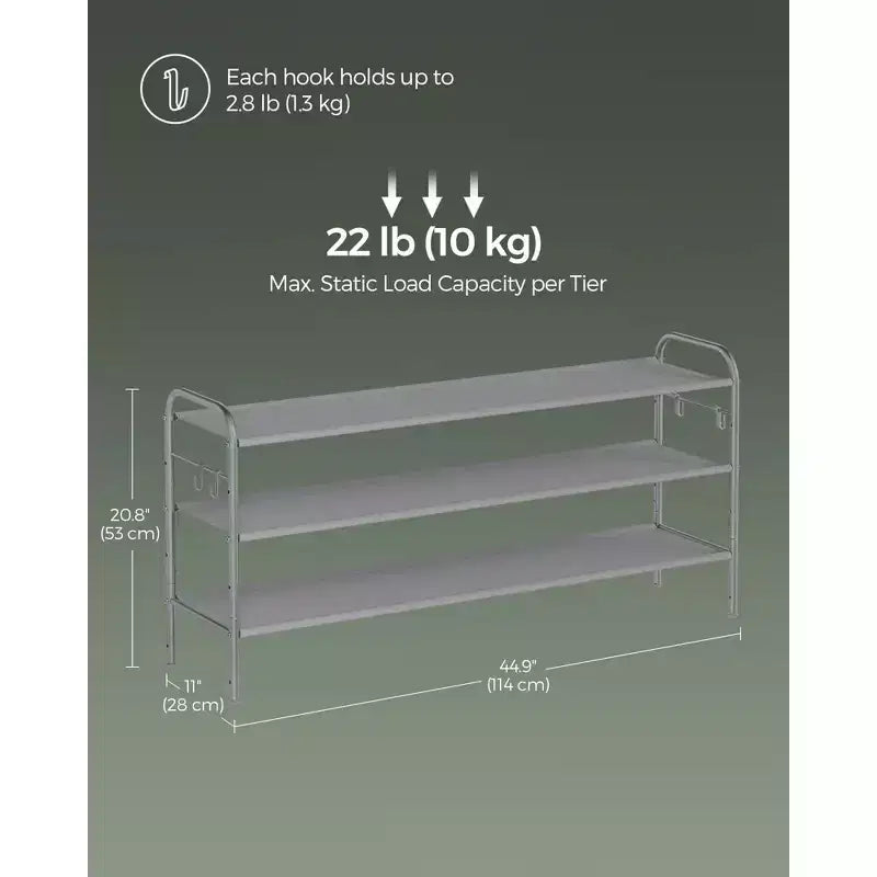 Meuble à chaussures, organisateur de chaussures à 3 niveaux, étagère à chaussures en tissu avec 4 crochets, peut contenir jusqu'à 18 paires de chaussures, étagère à chaussures réglable en hauteur pour entrée