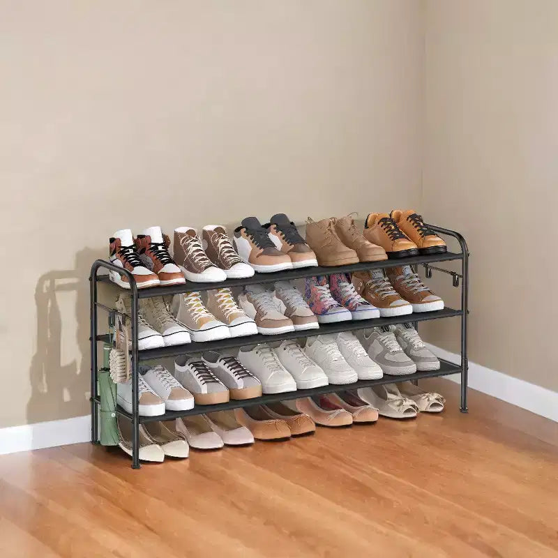 Meuble à chaussures, organisateur de chaussures à 3 niveaux, étagère à chaussures en tissu avec 4 crochets, peut contenir jusqu'à 18 paires de chaussures, étagère à chaussures réglable en hauteur pour entrée