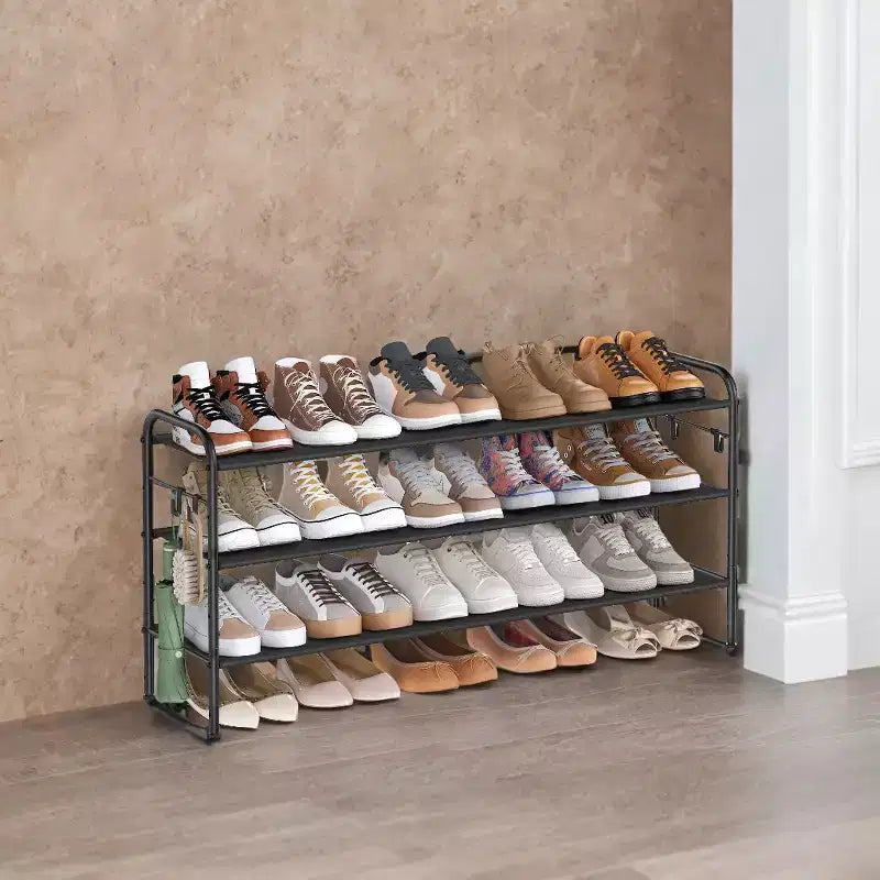 Meuble à chaussures, organisateur de chaussures à 3 niveaux, étagère à chaussures en tissu avec 4 crochets, peut contenir jusqu'à 18 paires de chaussures, étagère à chaussures réglable en hauteur pour entrée