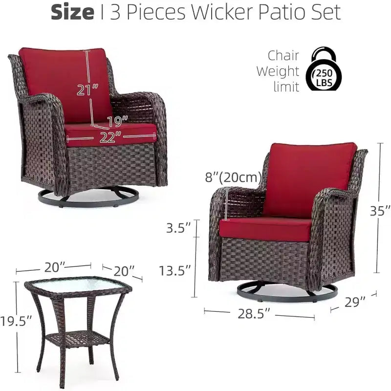 Acekool Ensemble de 3 Fauteuils à Bascule Pivotants - Rotin Extérieur avec Table d'Appoint