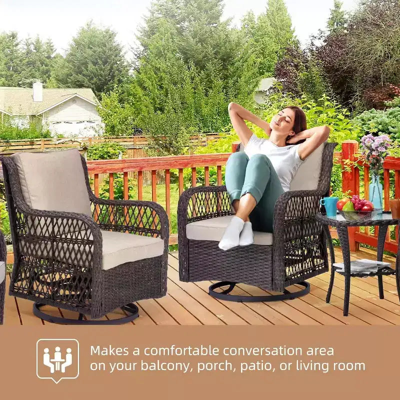 Acekool Ensemble de 3 Fauteuils à Bascule Pivotants - Rotin Extérieur avec Table d'Appoint