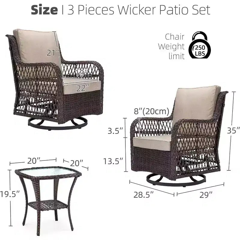 Acekool Ensemble de 3 Fauteuils à Bascule Pivotants - Rotin Extérieur avec Table d'Appoint