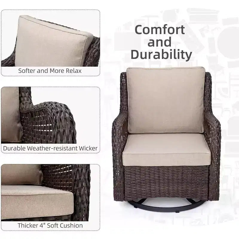 Acekool Ensemble de 3 Fauteuils à Bascule Pivotants - Rotin Extérieur avec Table d'Appoint