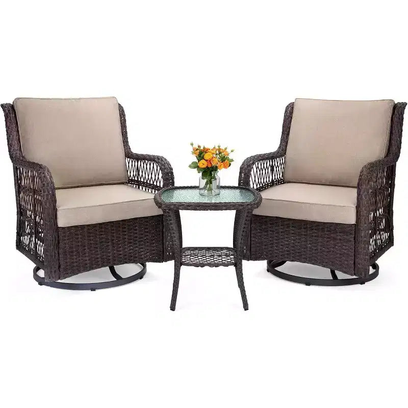 Acekool 3-Piece Swivel Rocking Chair Set - Outdoor Rattan with Side Table