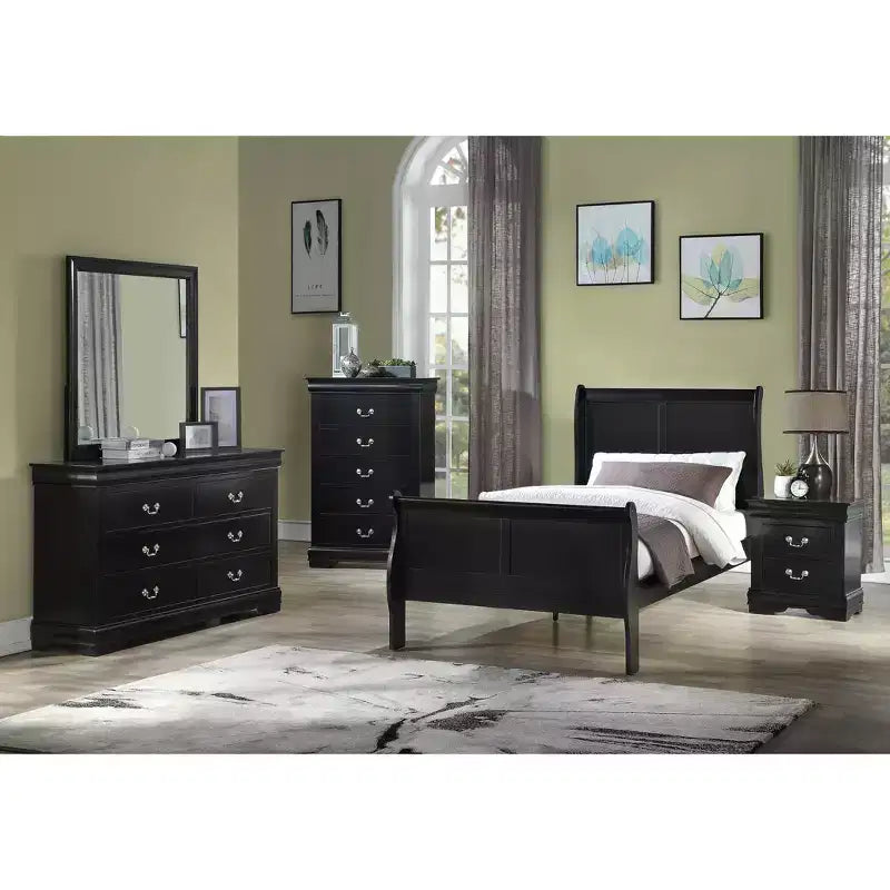 Commode à 5 tiroirs en bois massif pour chambre à coucher, lit traîneau, quincaillerie en laiton, assemblage facile