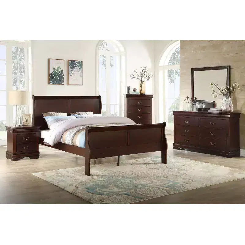 Commode à 5 tiroirs en bois massif pour chambre à coucher, lit traîneau, quincaillerie en laiton, assemblage facile