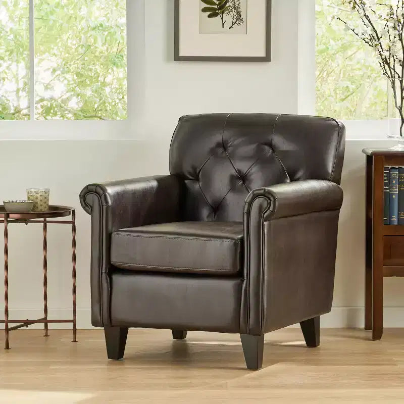 Christopher Knight Home Veronica Contemporary Bonded Leather Tufted Club Chair with Rolled Arm Design