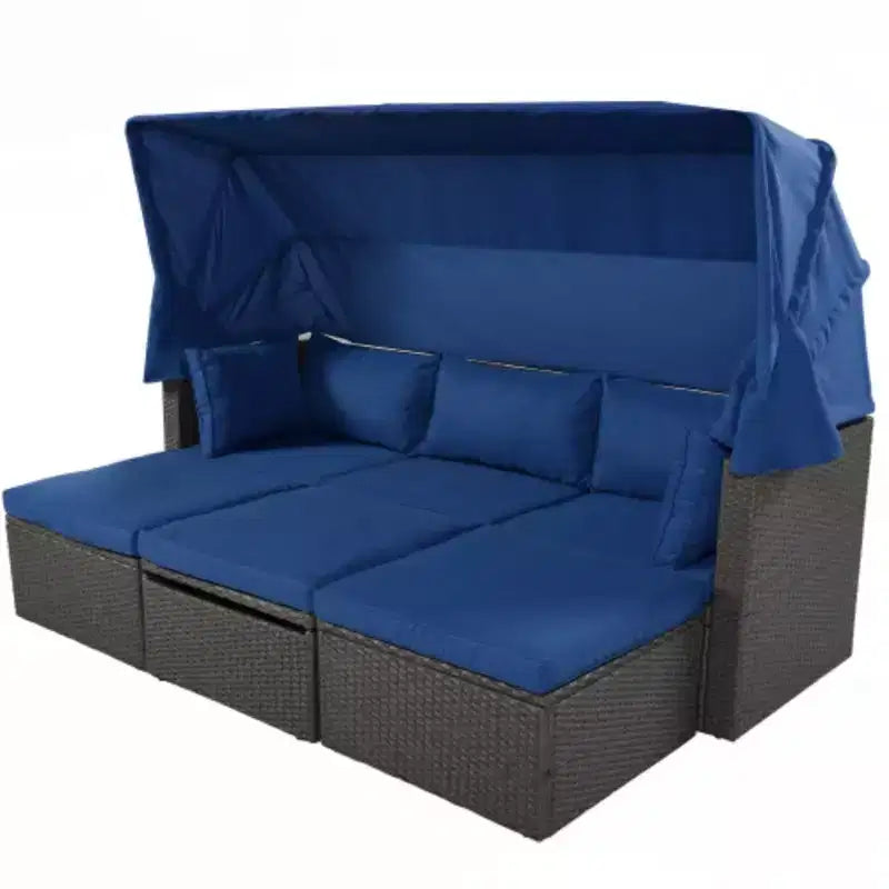 Lit de repos rectangulaire pour patio extérieur avec auvent rétractable, canapé d'angle en osier avec coussins lavables, pour jardin, porche