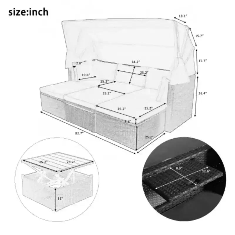Lit de repos rectangulaire pour patio extérieur avec auvent rétractable, canapé d'angle en osier avec coussins lavables, pour jardin, porche