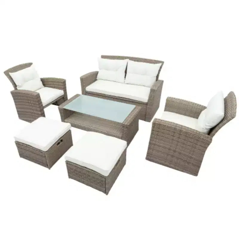 Ensemble de meubles de patio, ensemble de conversation d'extérieur 4 pièces avec canapé modulable en osier toutes saisons, pouf et coussins