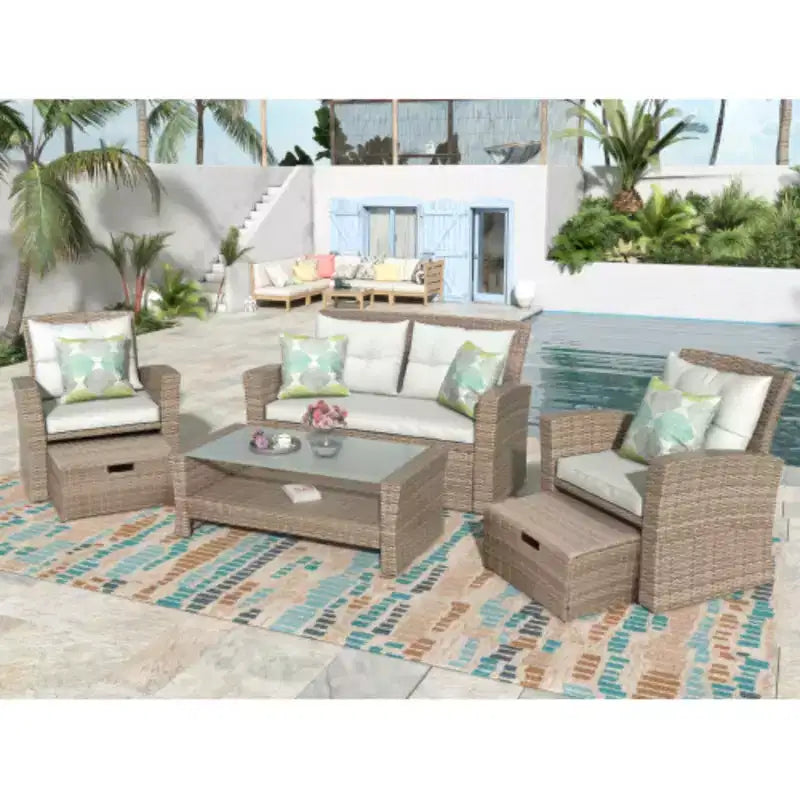Patio Furniture Set, 4 Piece Outdoor Conversation Set All Weather Wicker Sectional Sofa with Ottoman and Cushions