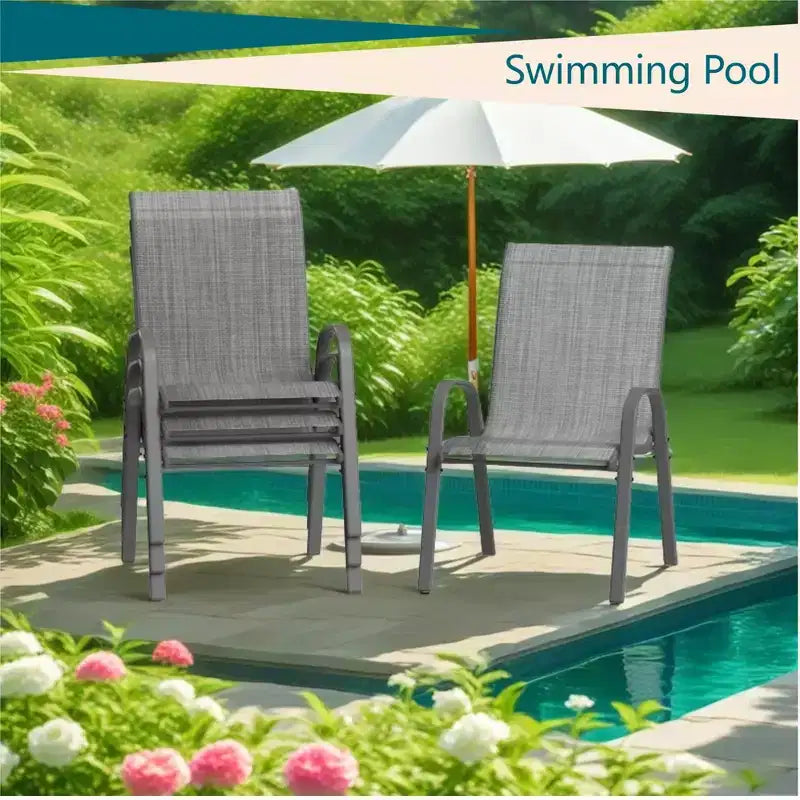 Lot de 4 Chaises de Salle à Manger Empilables, Chaises Empilables avec Tissu Textilène Respirant et Cadre en Métal, Sièges de Repas Extérieurs pour Patio, Terrasse, Jardin