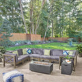 Christopher Knight Home Brava Outdoor Acacia Wood 8 Seater Sectional Sofa Set with Fire Pit