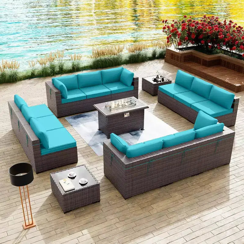 ALAULM 15PCS Patio Furniture Sets, Wicker Rattan Outdoor Conversation Set w/Fire Pit Table