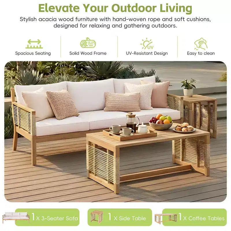 Ensemble de canapés de patio en bois d'acacia Whisen 5 pièces, ensemble de conversation d'extérieur avec canapé 3 places, 2 chaises et 2 tables basses