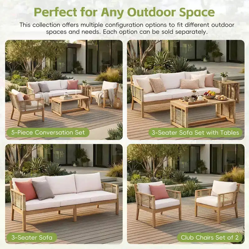 Ensemble de canapés de patio en bois d'acacia Whisen 5 pièces, ensemble de conversation d'extérieur avec canapé 3 places, 2 chaises et 2 tables basses