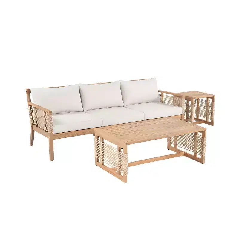 Ensemble de canapés de patio en bois d'acacia Whisen 5 pièces, ensemble de conversation d'extérieur avec canapé 3 places, 2 chaises et 2 tables basses