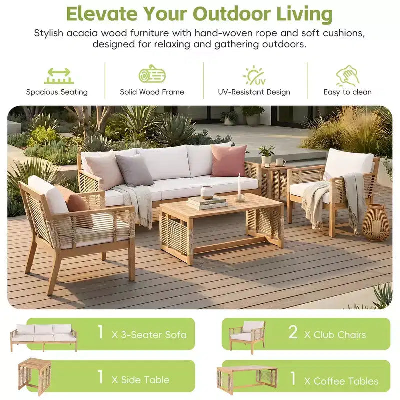 Ensemble de canapés de patio en bois d'acacia Whisen 5 pièces, ensemble de conversation d'extérieur avec canapé 3 places, 2 chaises et 2 tables basses