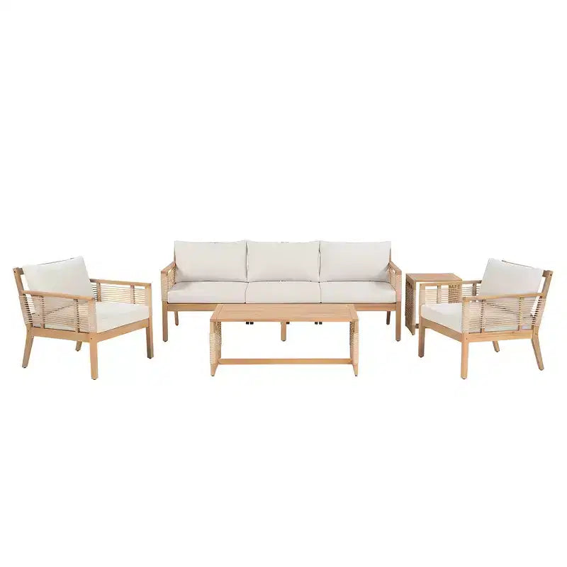 Ensemble de canapés de patio en bois d'acacia Whisen 5 pièces, ensemble de conversation d'extérieur avec canapé 3 places, 2 chaises et 2 tables basses