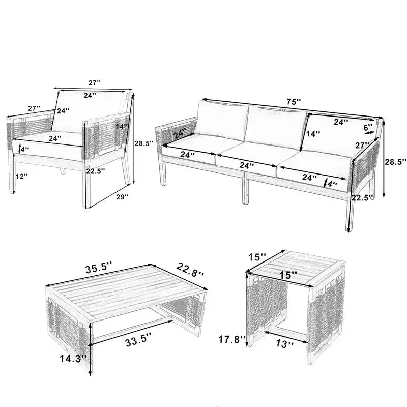 Ensemble de canapés de patio en bois d'acacia Whisen 5 pièces, ensemble de conversation d'extérieur avec canapé 3 places, 2 chaises et 2 tables basses
