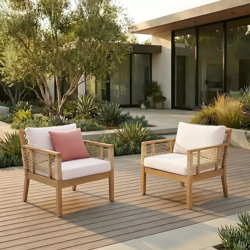 Whisen 5-Piece Patio Acacia Wood Sofa Set, Outdoor Seating Conversation Set with 3 Seater Sofa, 2 Chairs and 2 Coffee Tables