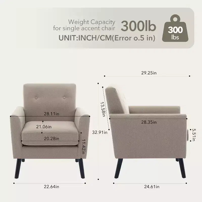 Fauteuil d'appoint en tissu Acekool avec pieds en bois, fauteuil de style moderne du milieu du siècle pour salon, chambre à coucher, appartement