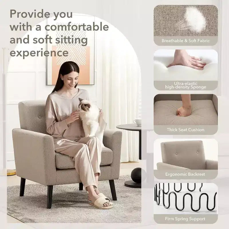 Fauteuil d'appoint en tissu Acekool avec pieds en bois, fauteuil de style moderne du milieu du siècle pour salon, chambre à coucher, appartement