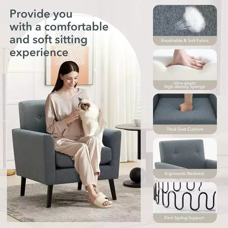 Fauteuil d'appoint en tissu Acekool avec pieds en bois, fauteuil de style moderne du milieu du siècle pour salon, chambre à coucher, appartement