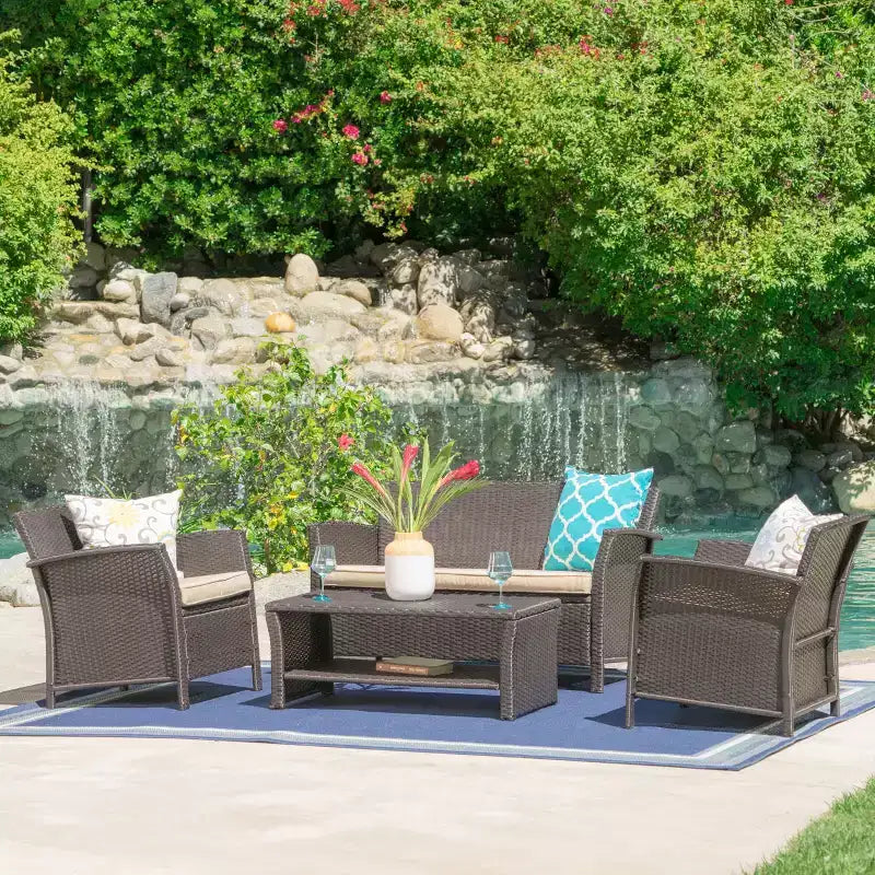 GDFStudio Clearwater Outdoor Wicker 4 Seater Chat Set with Cushions