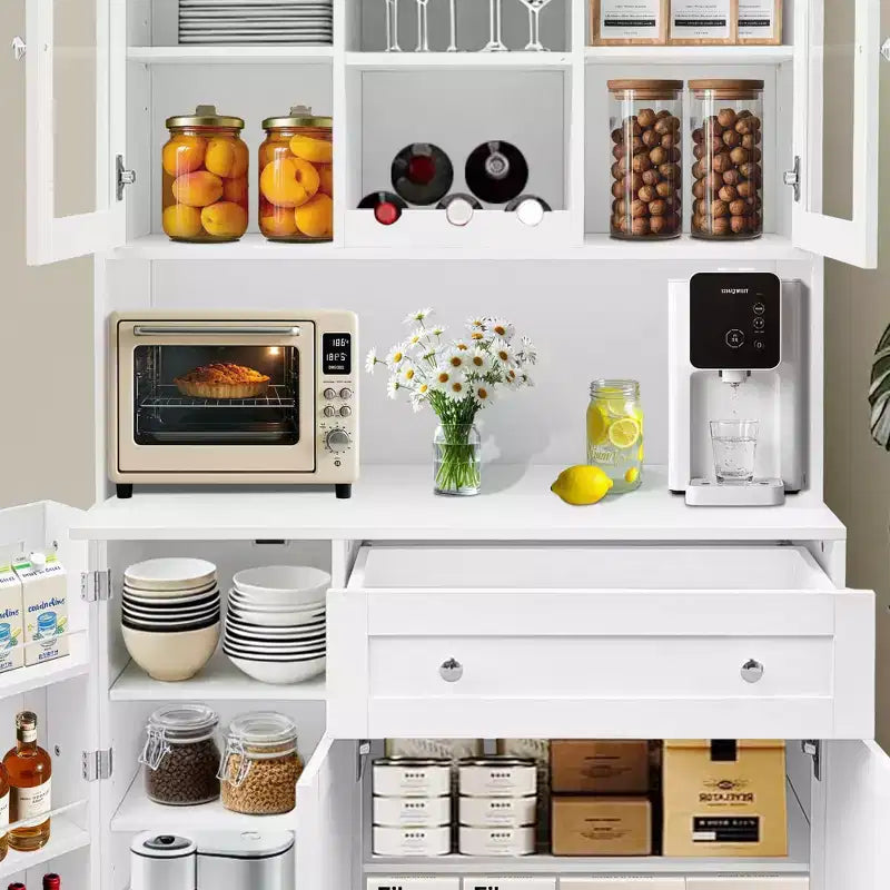 Meuble de rangement pour cuisine de 68 pouces, buffet de cuisine autoportant avec casier à vin, tiroir et étagères de porte