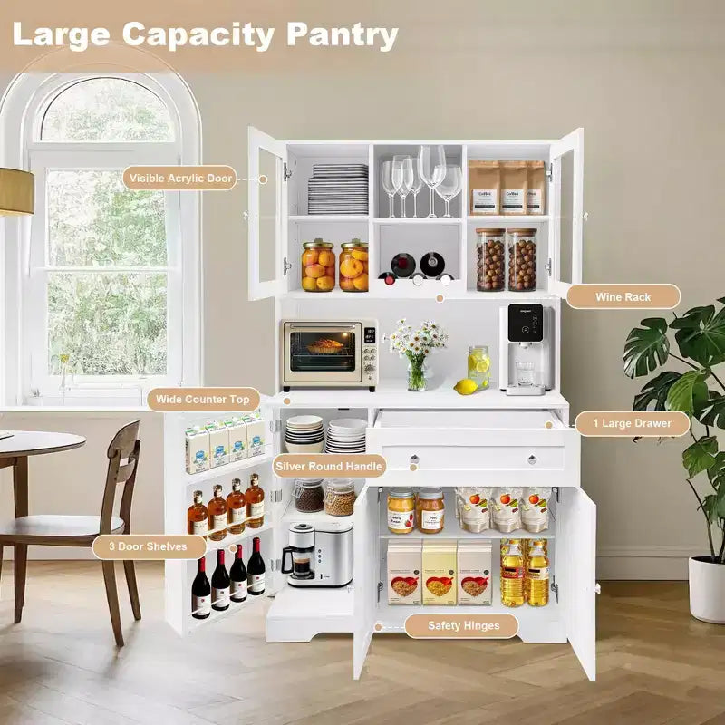 Meuble de rangement pour cuisine de 68 pouces, buffet de cuisine autoportant avec casier à vin, tiroir et étagères de porte