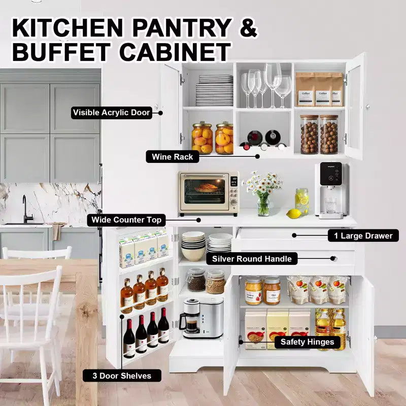 Meuble de rangement pour cuisine de 68 pouces, buffet de cuisine autoportant avec casier à vin, tiroir et étagères de porte