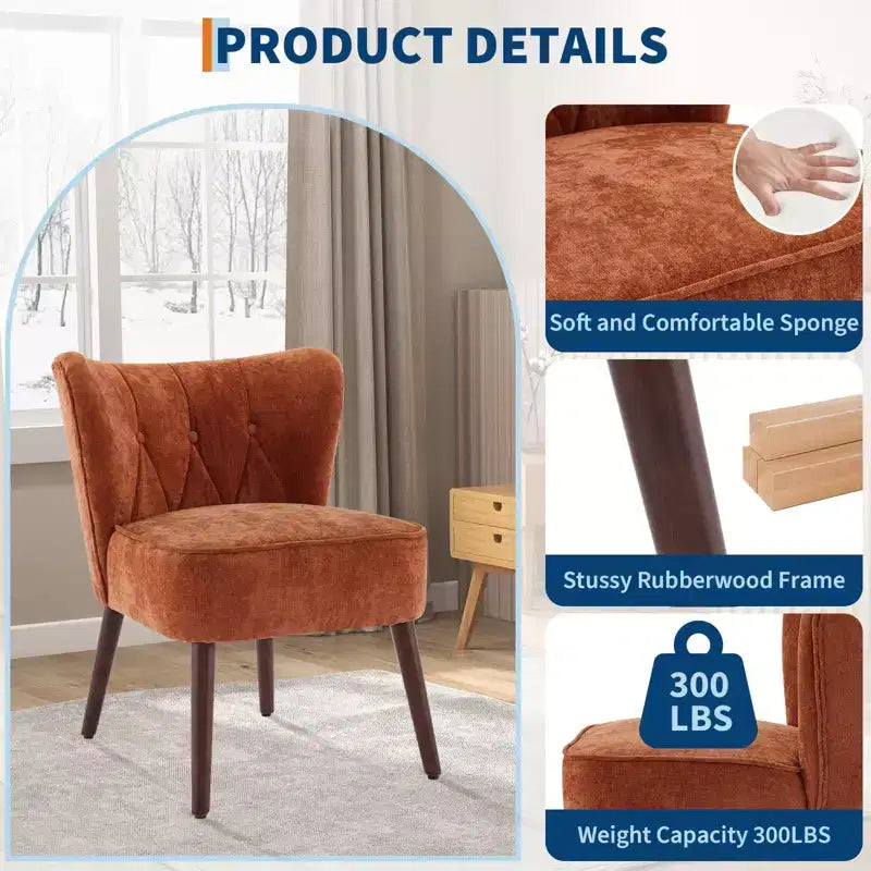Fauteuil d'appoint mi-siècle GustoWave avec pieds en bois massif, fauteuil d'appoint capitonné moderne avec dossier à oreilles, chaises de salle à manger