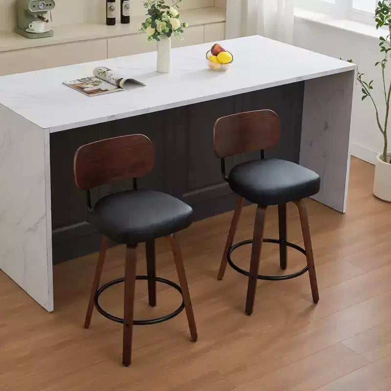 CLIHOME Set of 2 Swivel Bar Stools, 26 Upholstered Faux Leather Counter Height Barstools with Walnut Back & Bentwood Legs