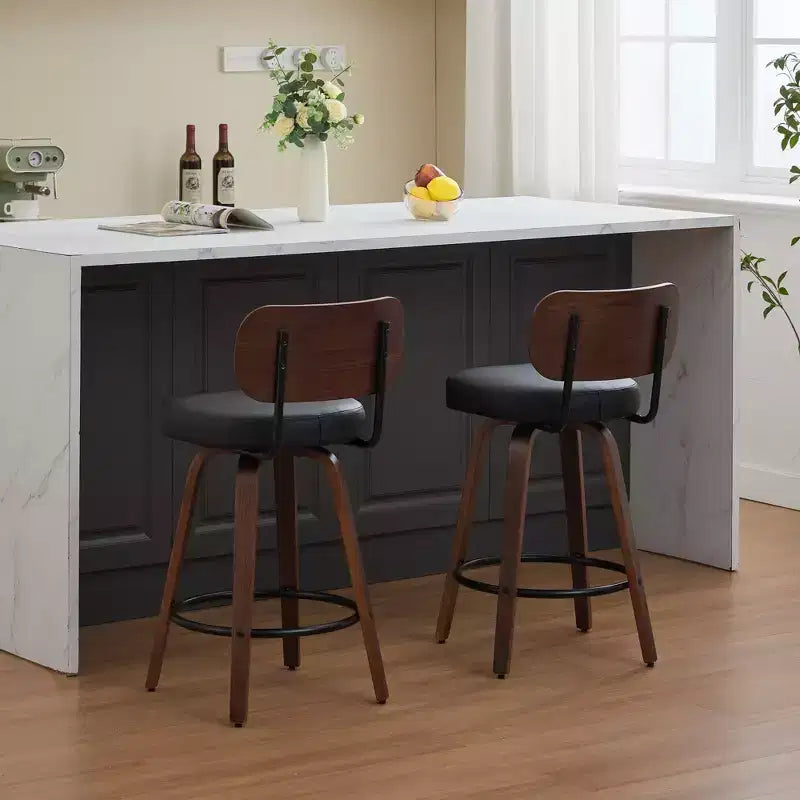 CLIHOME Set of 2 Swivel Bar Stools, 26 Upholstered Faux Leather Counter Height Barstools with Walnut Back & Bentwood Legs